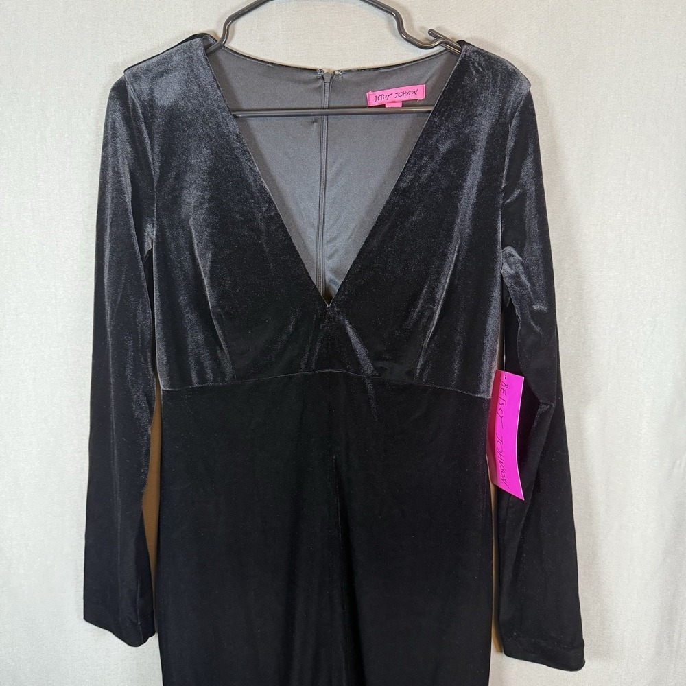 Betsey Johnson Black Velvet V-Neck Long Sleeve Midi Dress Goth Vampire 12 - Picture 2 of 10